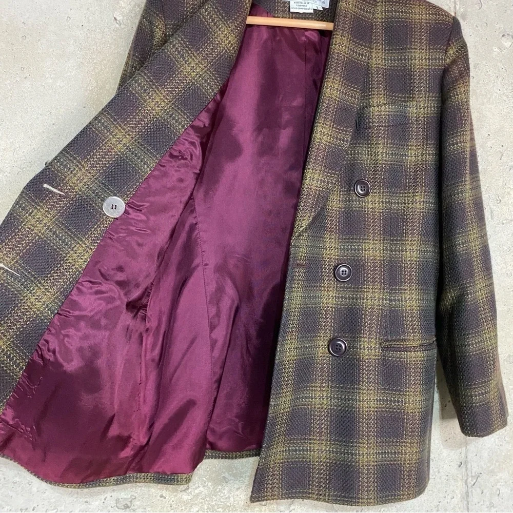 Vintage Oleg Cassini brown plum purple tan plaid double breasted blazer medium 8